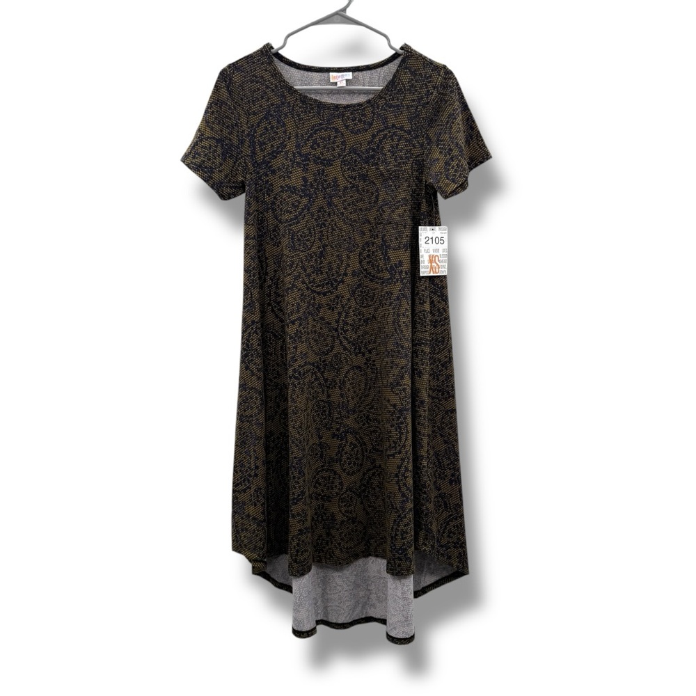 Lularoe Carly Paisley Print Tan & Navy Blue Short Sleeve Hi-Low Dress Sz XS NEW